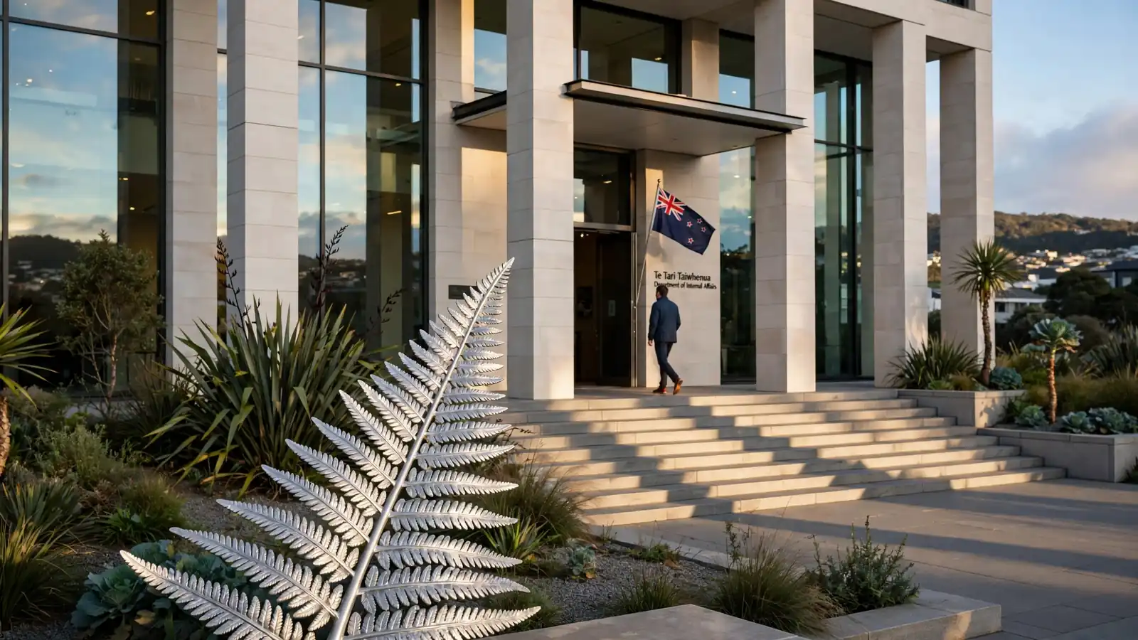 Wellington government building entrance with silver fern sculpture and New Zealand flag