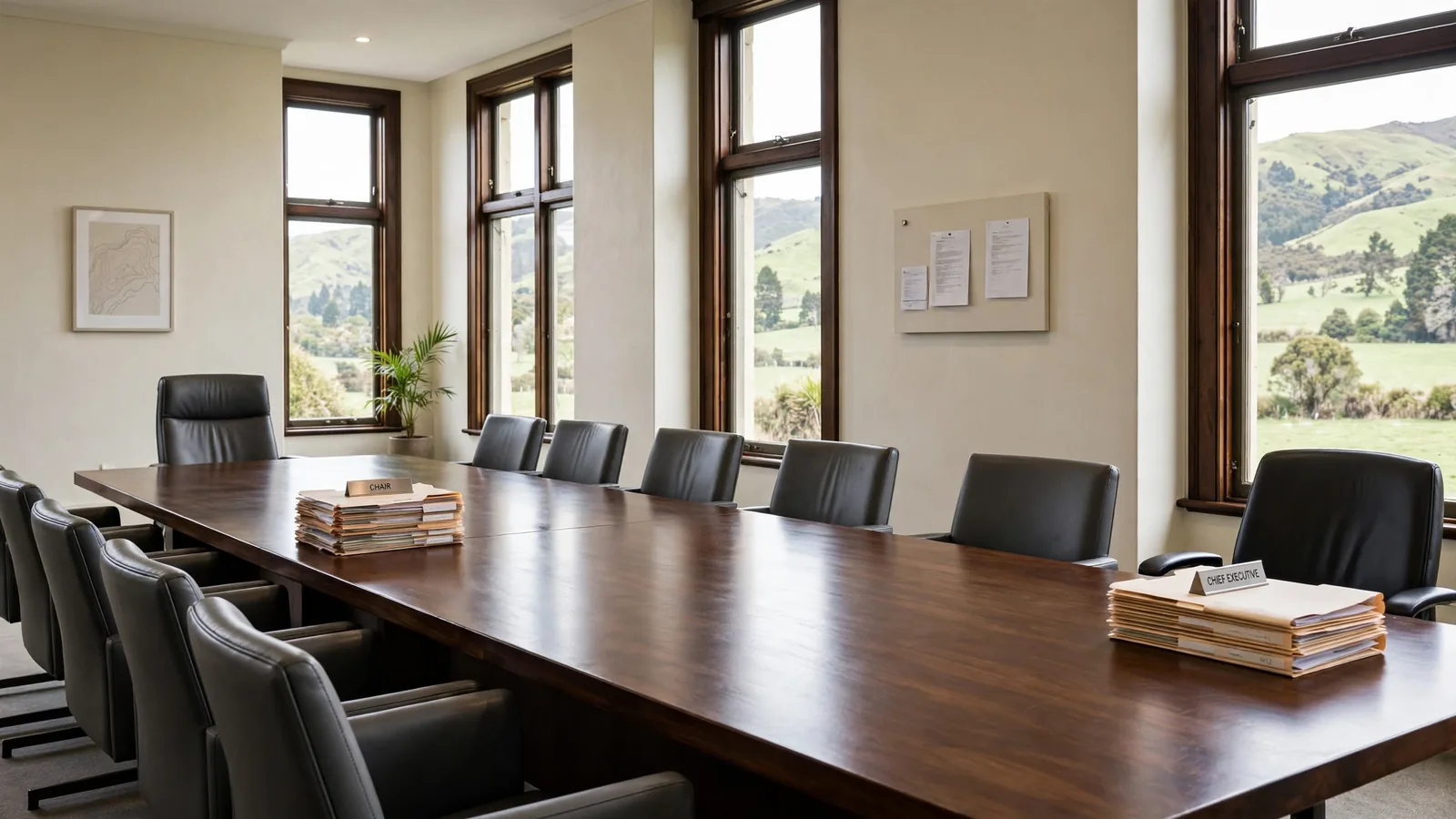 Formal New Zealand government meeting room with documents and empty chairs