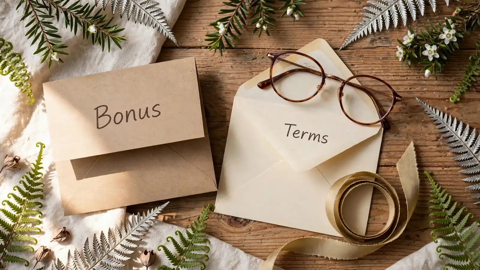 Folded bonus card beside an envelope of terms with reading glasses on a wooden table