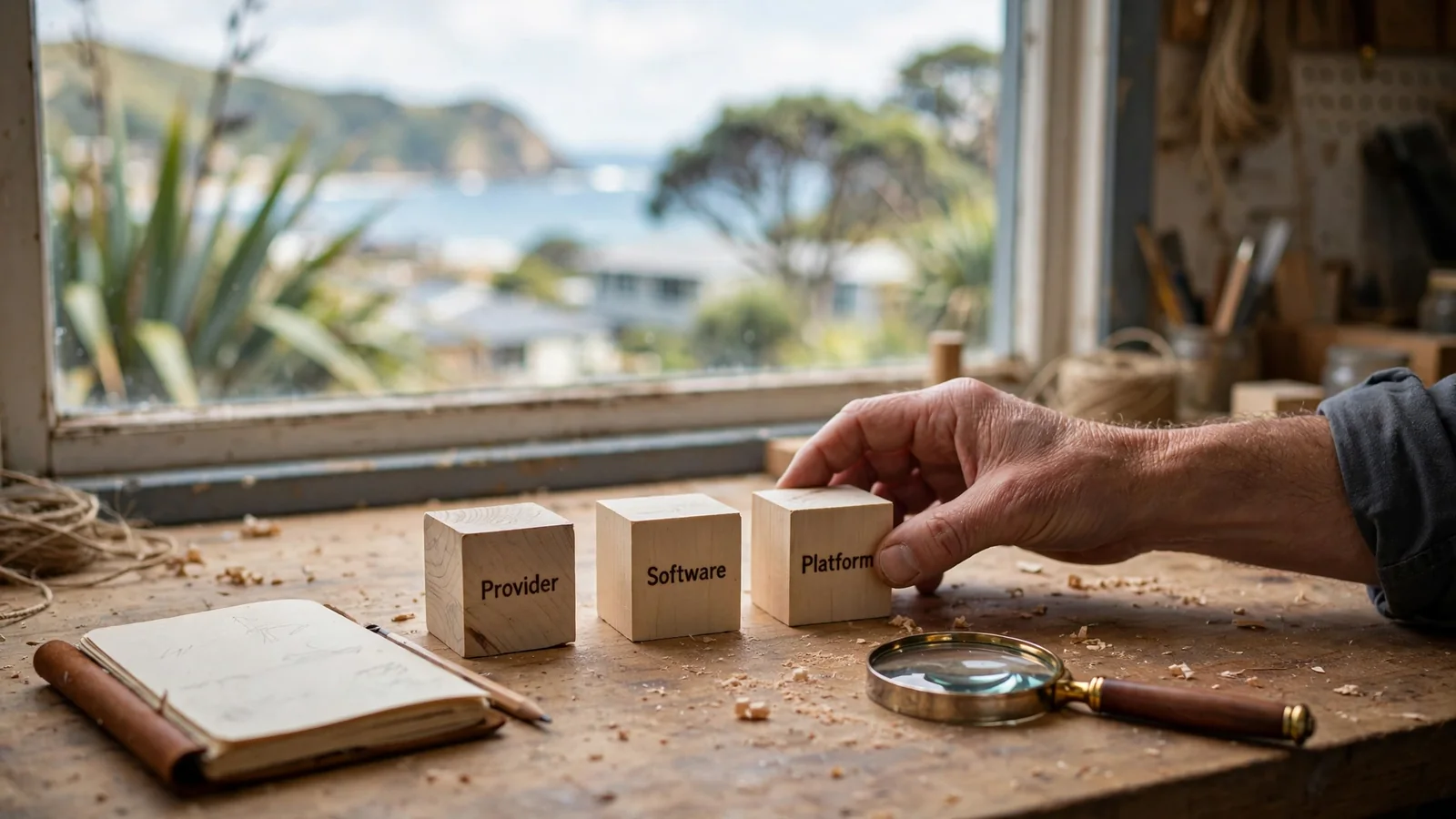Three labelled wooden blocks distinguishing provider, software and platform on a desk