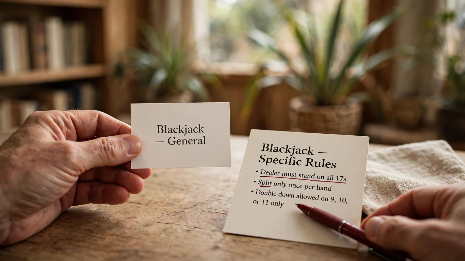 Hands comparing a general and a specific blackjack rules card on a desk